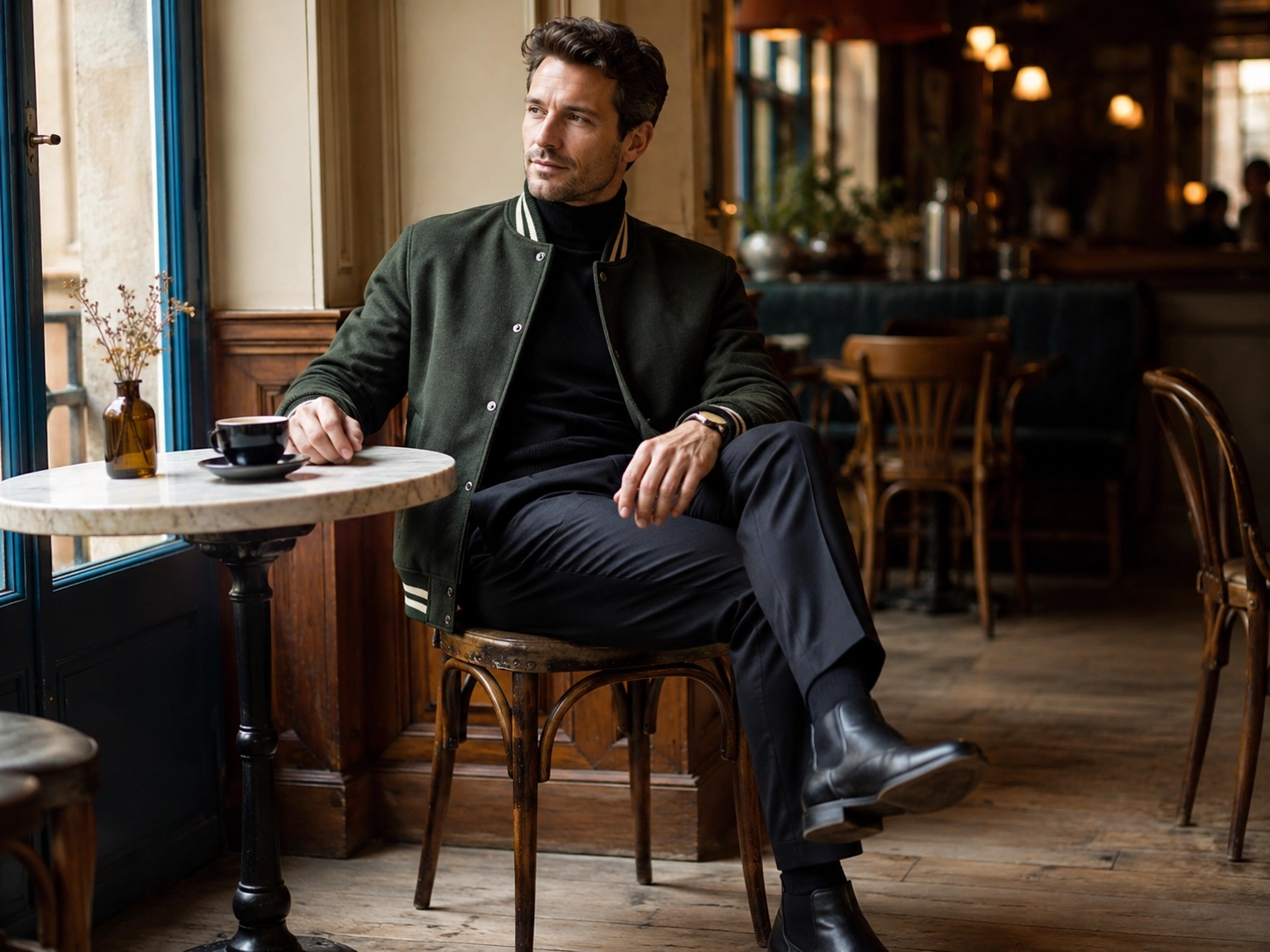 man in a muted dark green letterman jacket