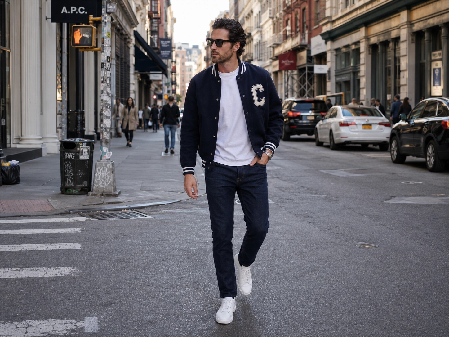 man walking in a letterman jacket on street