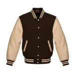 Brown Varsity Jacket with Cream Leather Sleeves