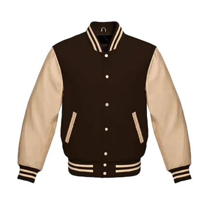 Brown Varsity Jacket with Cream Leather Sleeves
