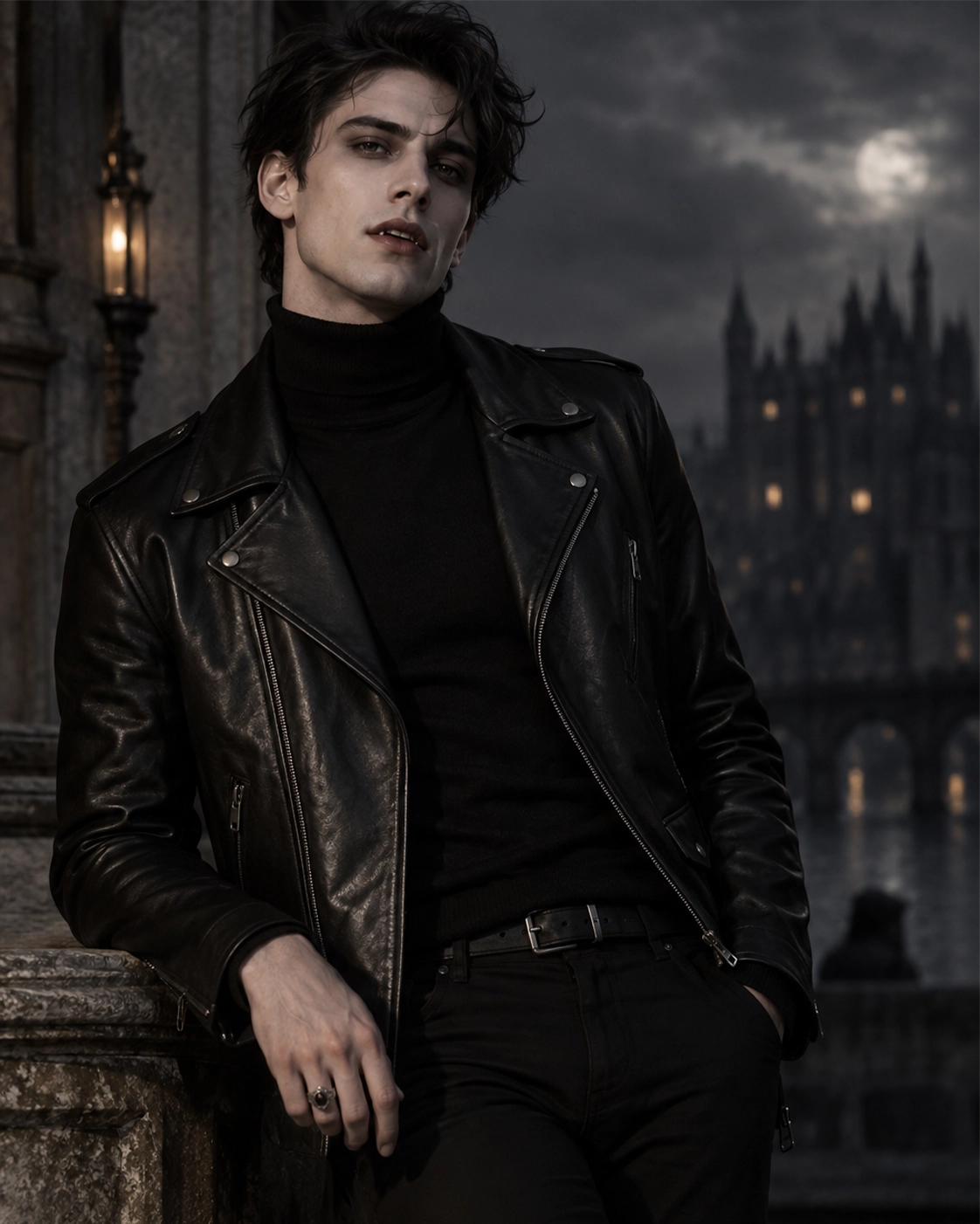 Person in a black leather jacket over a black turtleneck and slim black pants