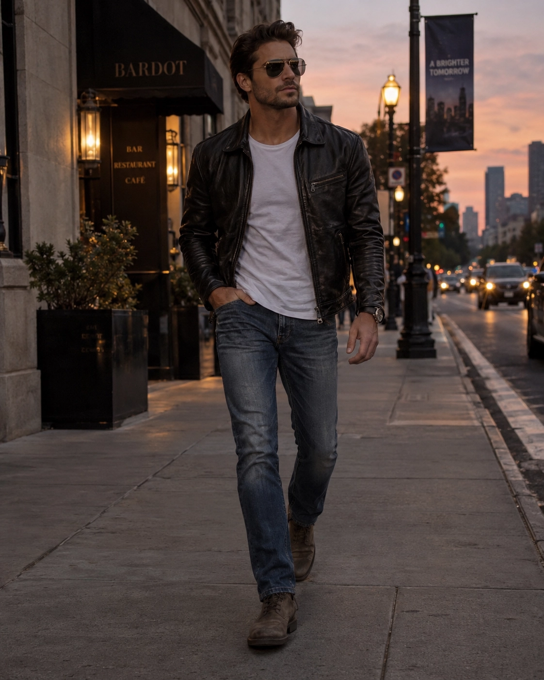 Person in a classic leather jacket plain tee jeans and aviator sunglasses
