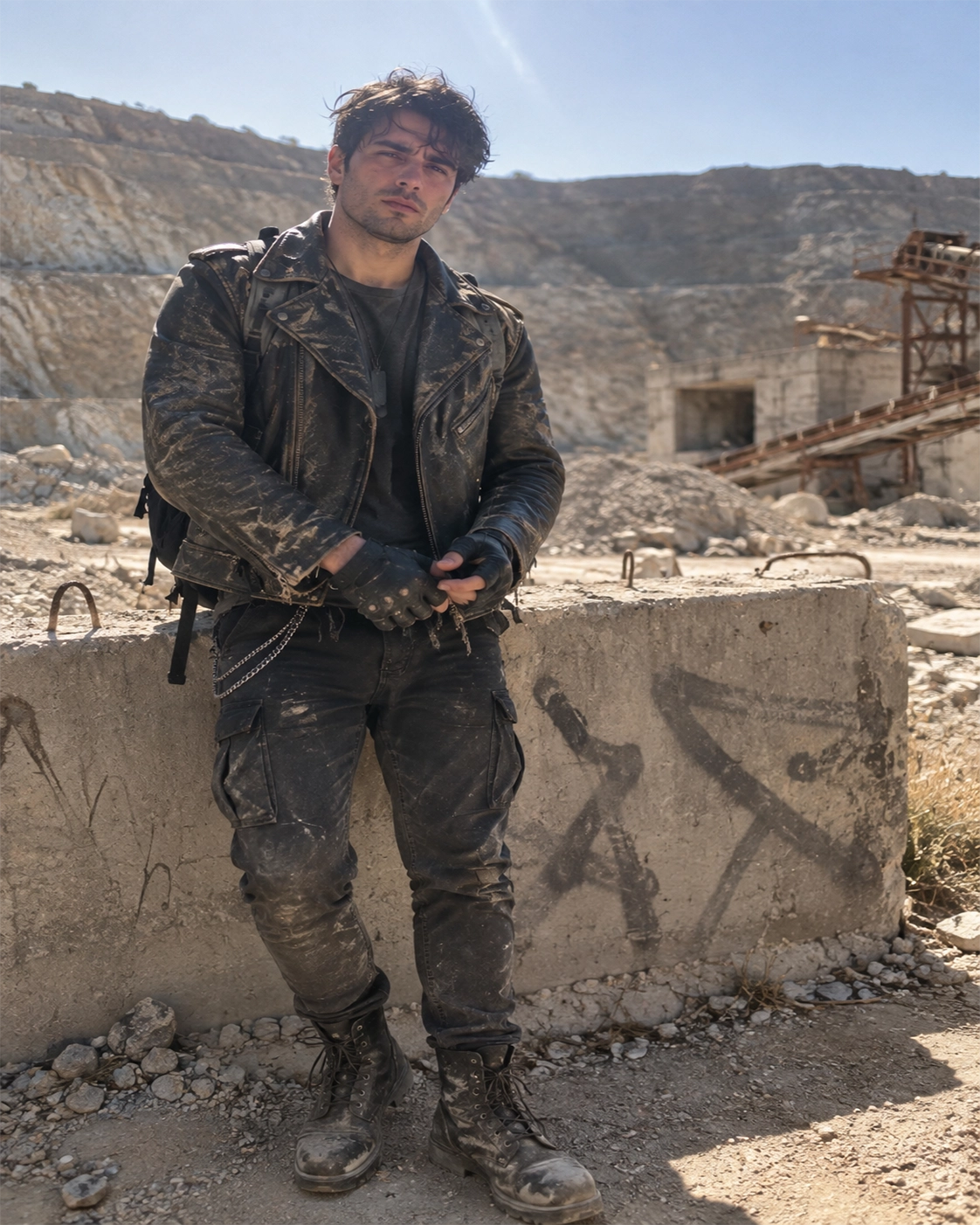 Person in a heavily distressed leather jacket, tactical boots, fingerless gloves, dust-smeared makeup