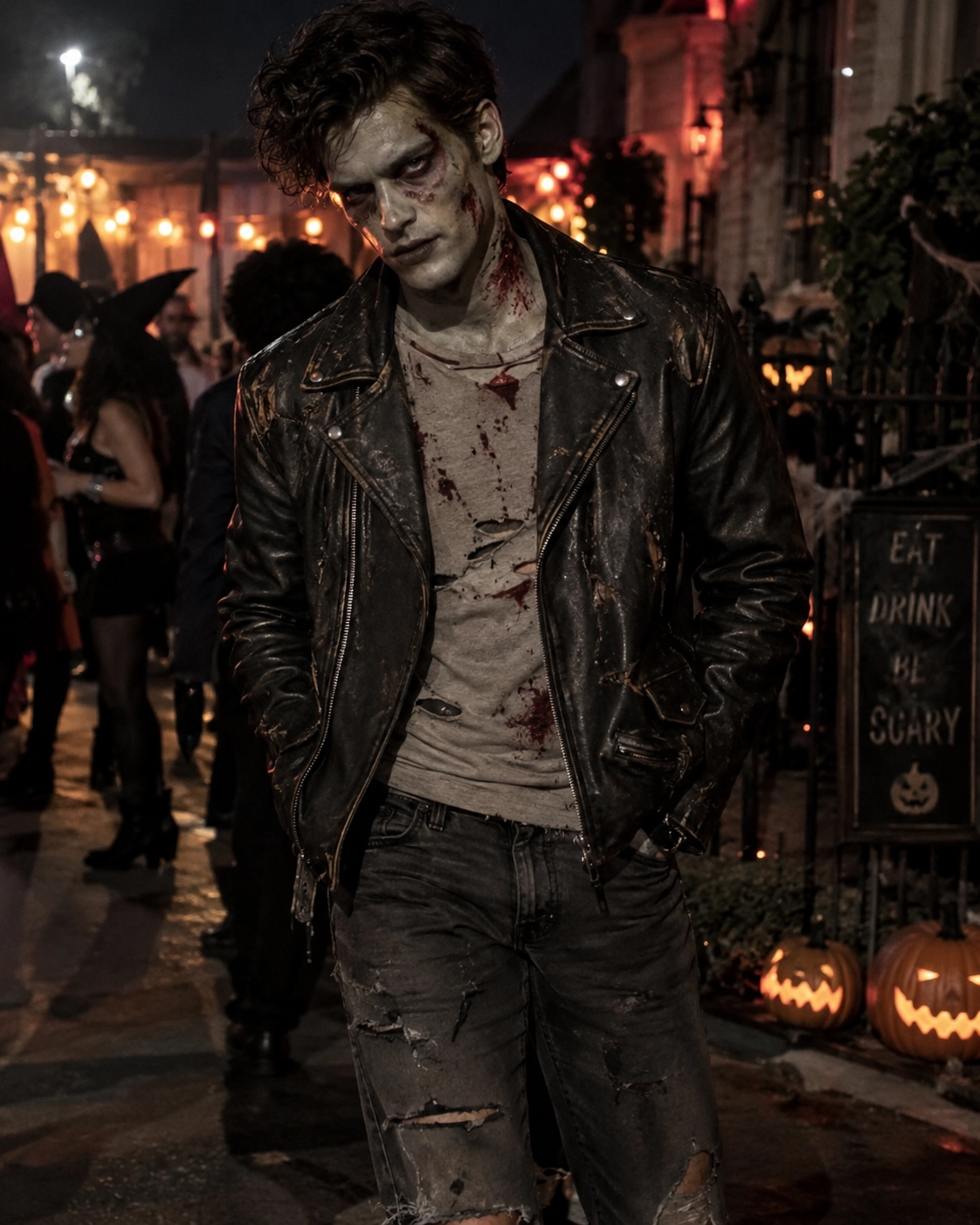 Person in a rugged, distressed leather biker jacket over ripped jeans, grey-green zombie makeup and fake blood