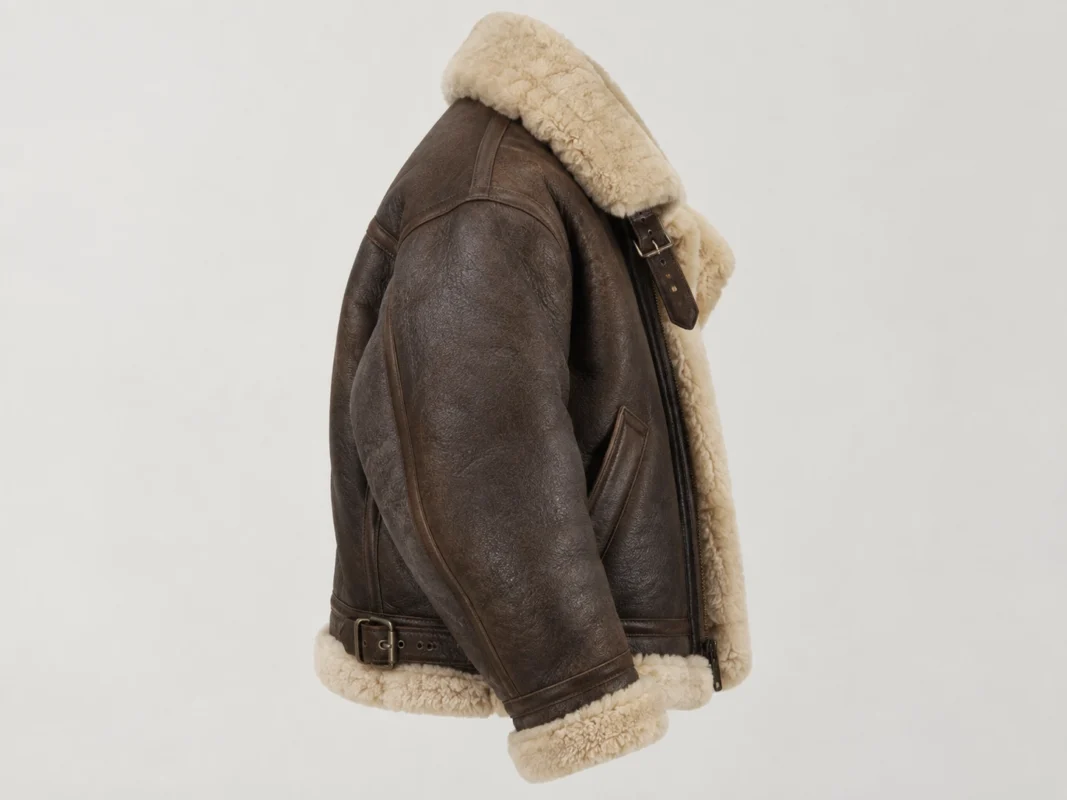 Side profile of a bulky shearling B-3 bomber jacket