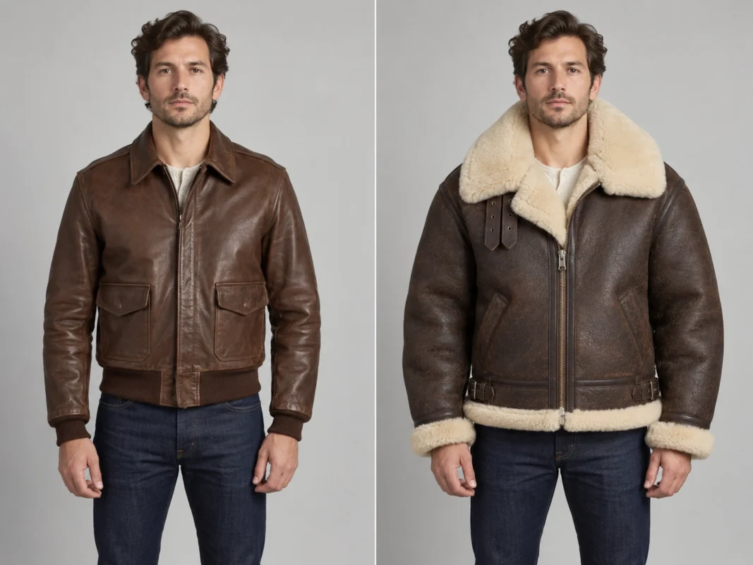 person wearing a slim A-2 jacket on one side and a bulky B-3 jacket on the other