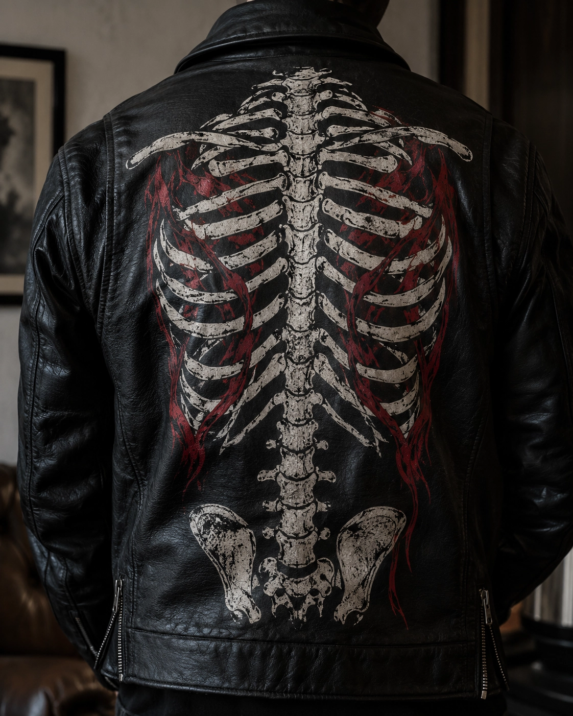 black leather jacket with white skeleton graphic