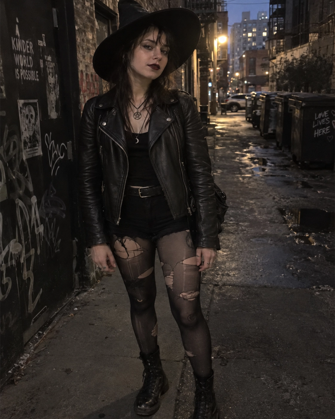 woman in black leather jacket modern witch hat dark lipstick moody backdrop