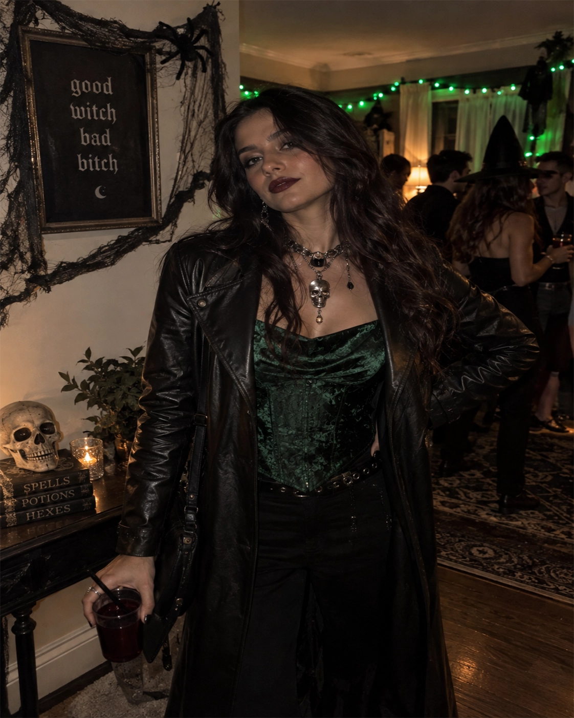 woman wearing black leather coat with gothic jewelry