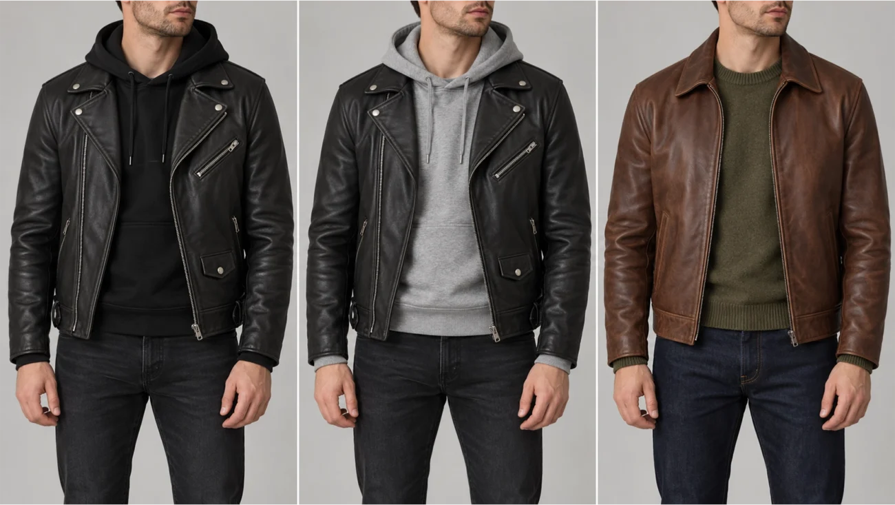 Three outfits compared: black hoodie under black leather, heather grey hoodie under black leather, and olive knit under brown leather.