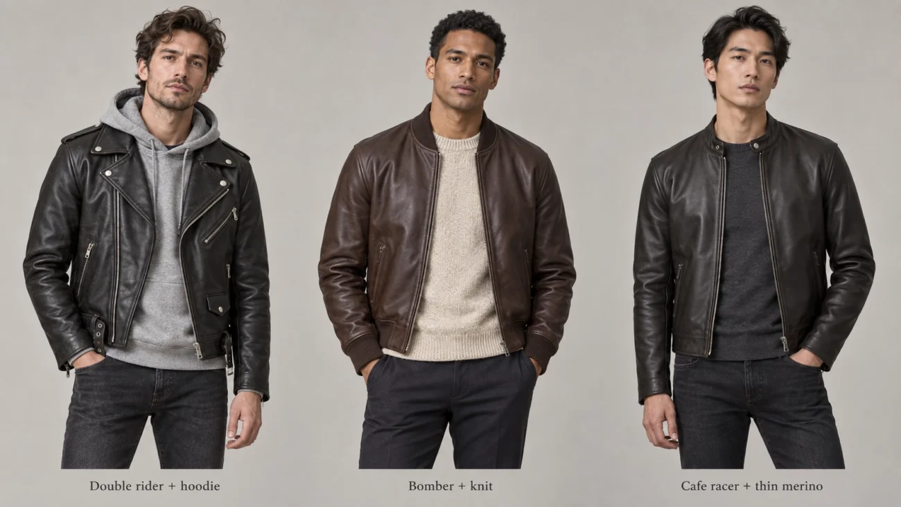 a double rider with a hoodie, a bomber with a knit, and a cafe racer with a thin merino sweater
