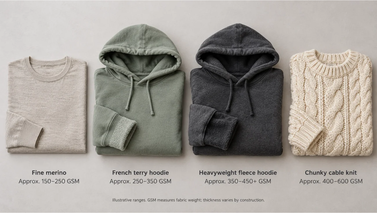 four mid-layers by thickness: fine merino, French terry hoodie, heavyweight fleece hoodie, and chunky cable knit