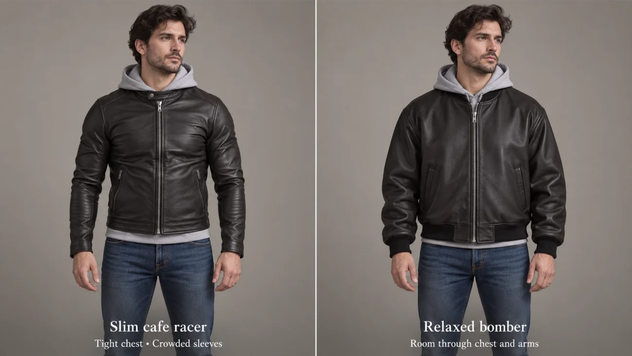 heavy hoodie under a slim cafe racer vs a relaxed bomber the same hoodie