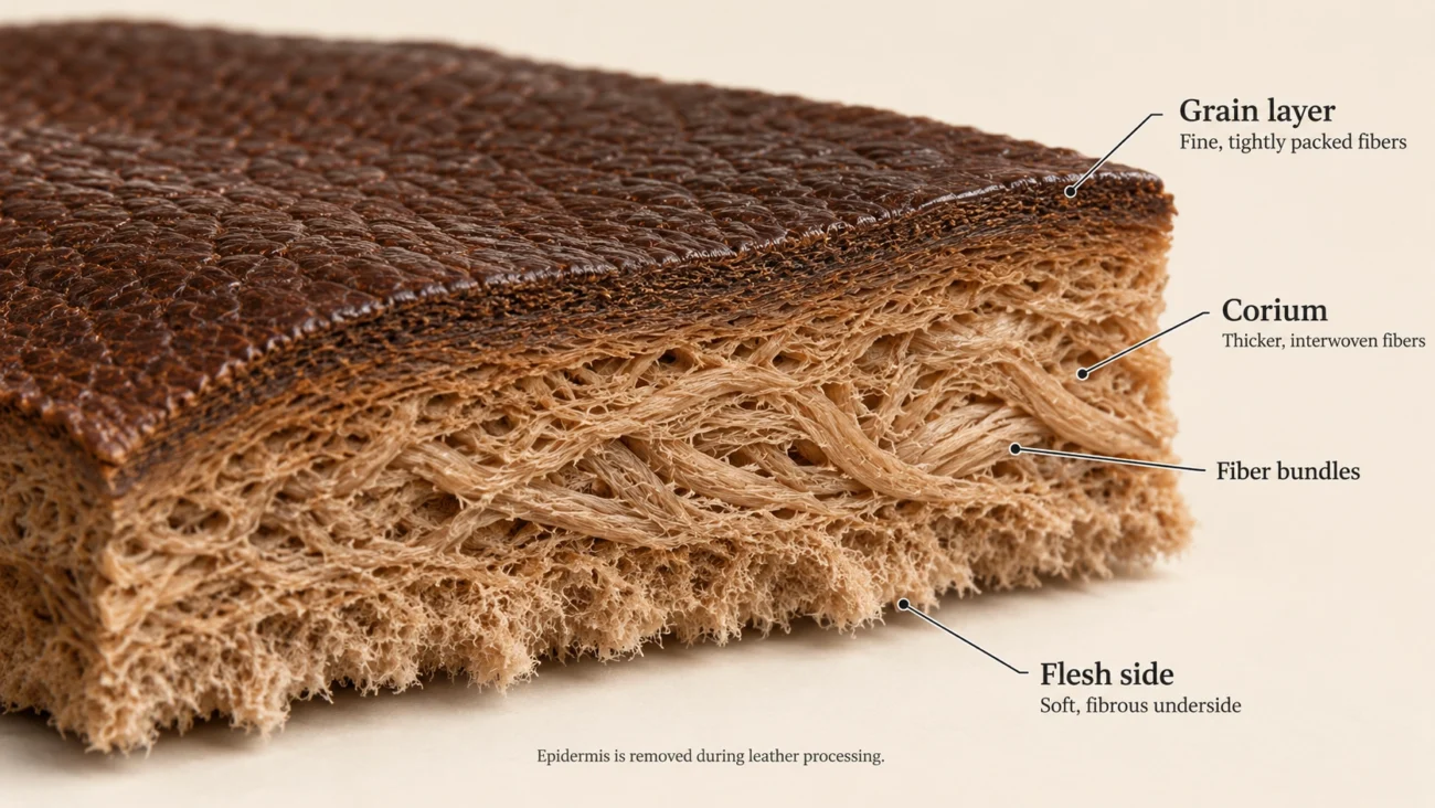 hide showing the epidermis, grain layer, corium, and flesh side