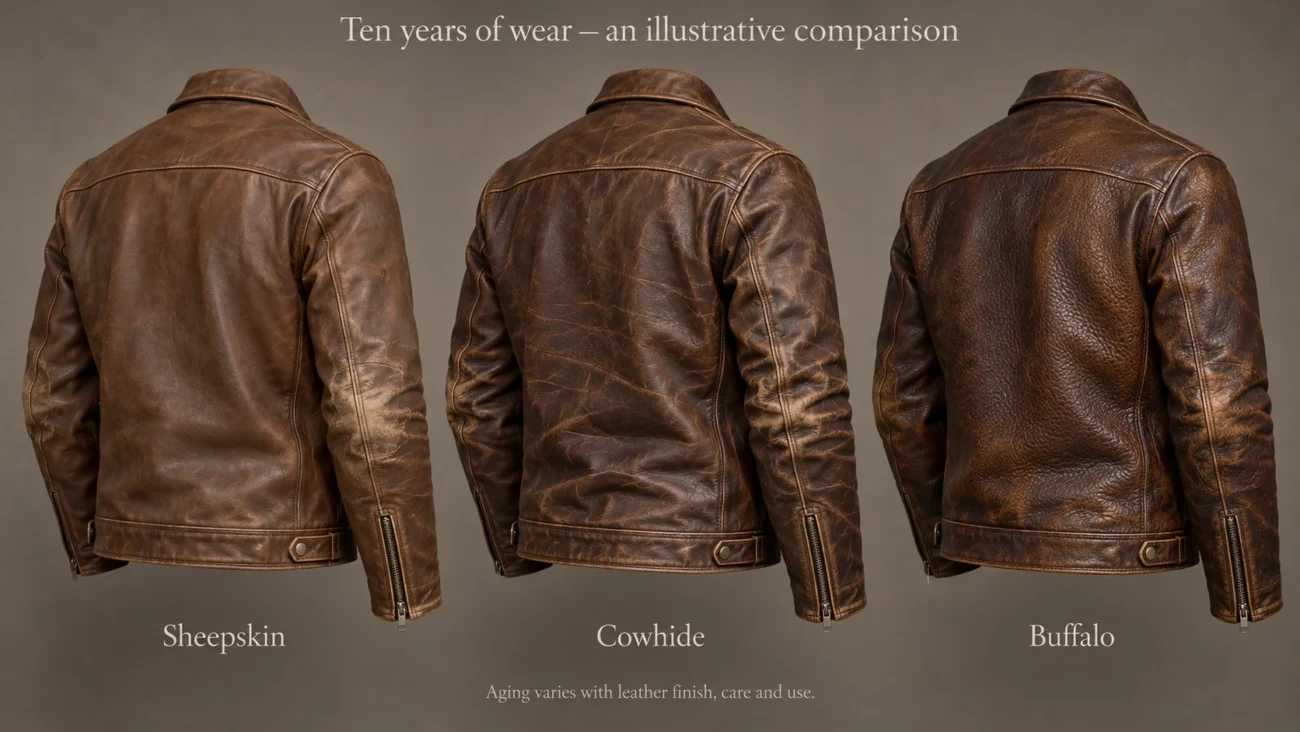 side illustration of three jackets after ten years of wear