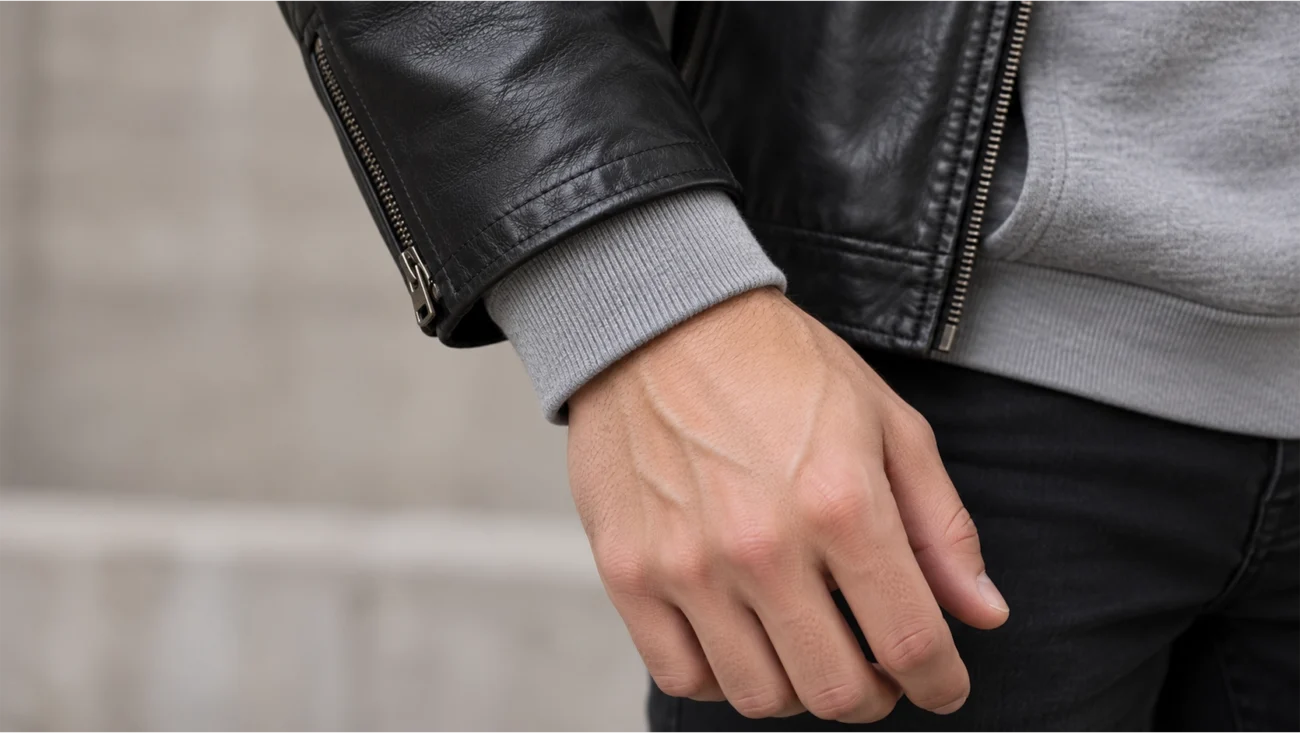 jacket cuff with a heather grey hoodie cuff peeking