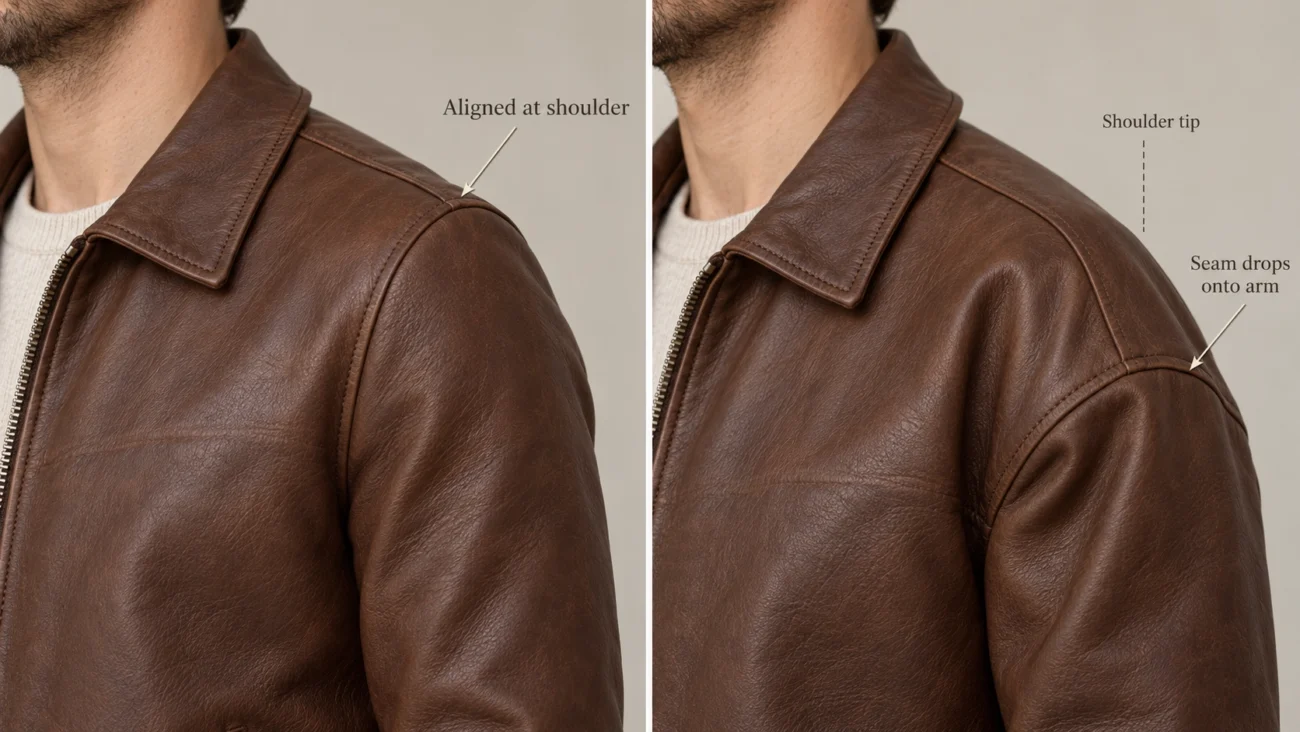 jacket shoulder seam correctly aligned with the shoulder bone vs one drooping onto the upper arm after oversizing
