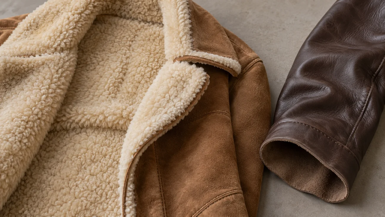 shearling jacket showing dense trimmed wool against the suede face